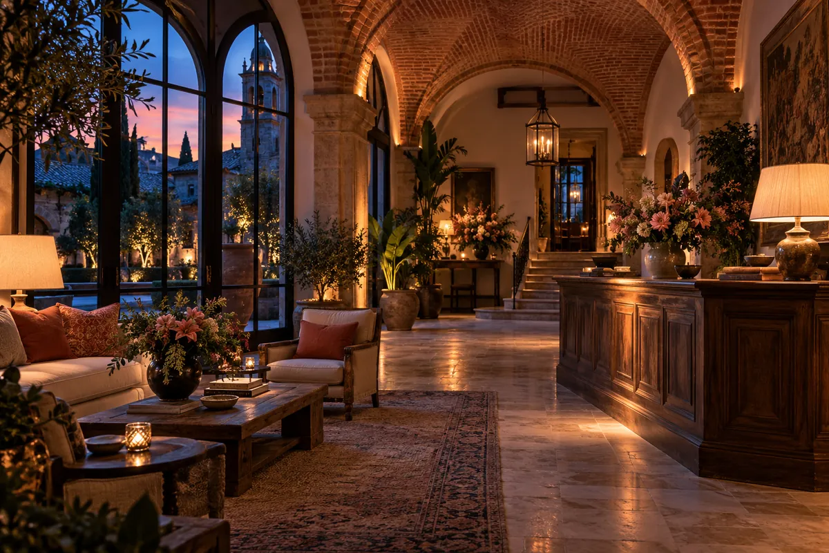 A boutique hotel lobby with brick arches, warm lamps and fresh flowers