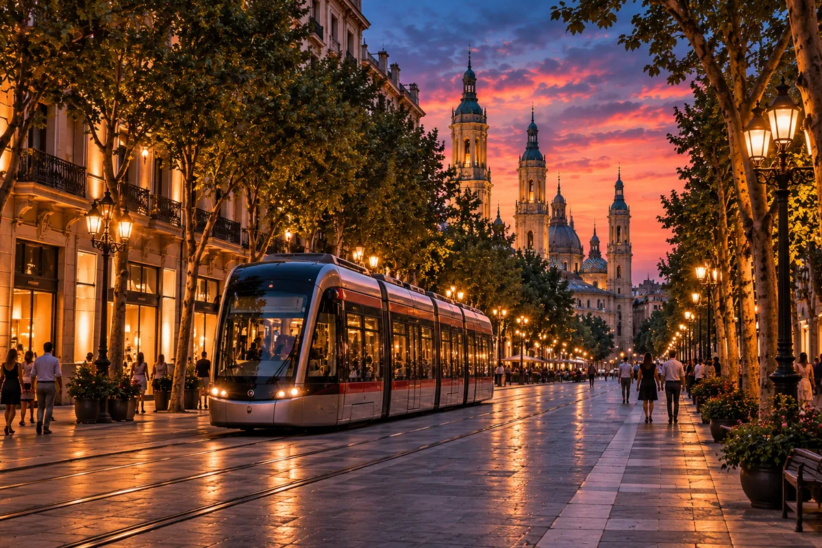A city tram on a tree-lined avenue at dusk